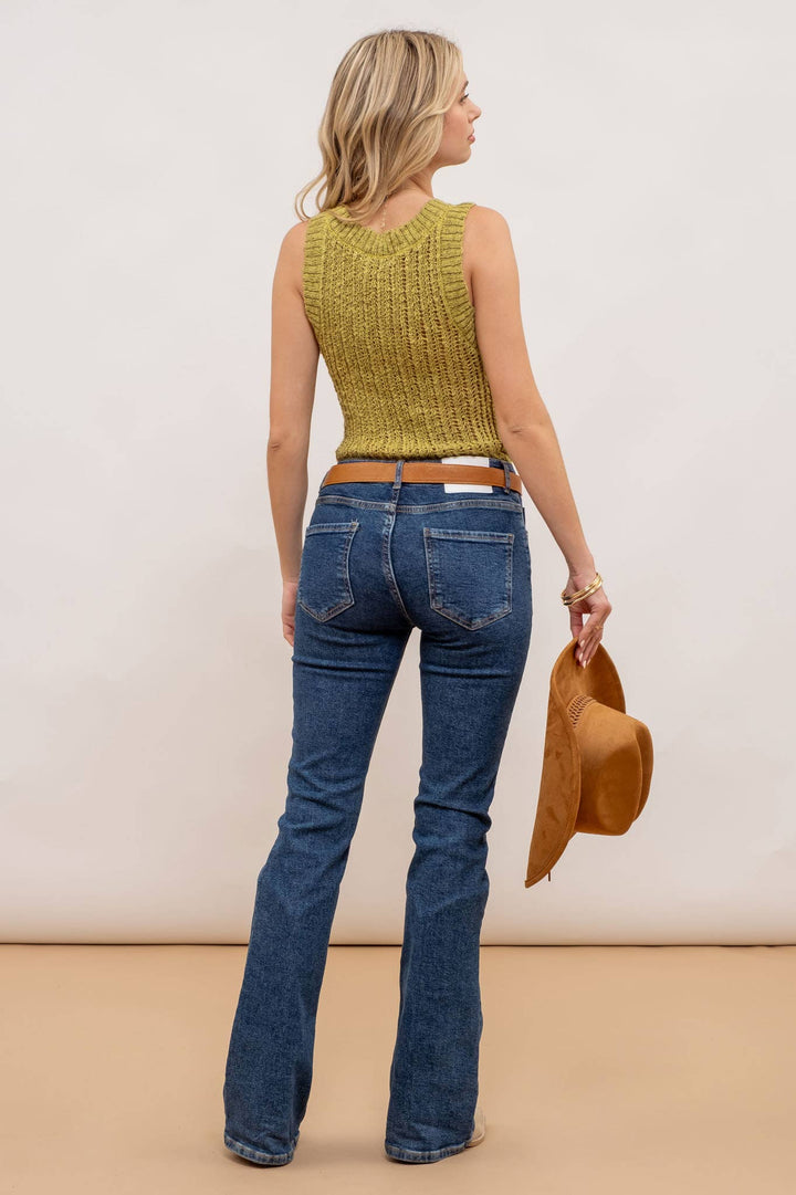 zoomed out back view of Kiwi Crochet Sweater Knit Tank Top with a round neckline and sleeveless design, made from 100% polyester.