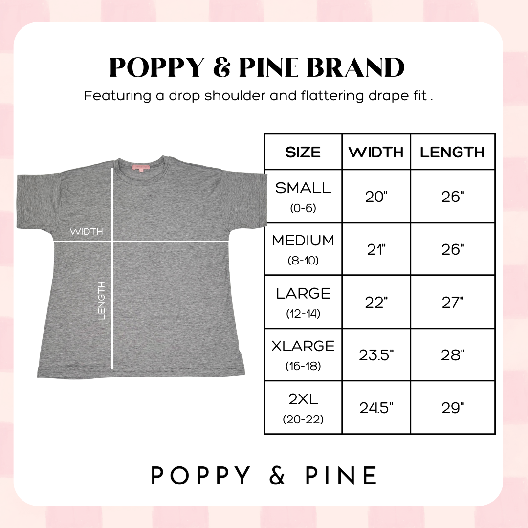 sizing chart for High Noons Tee - Screen printed graphic on a 100% cotton tee by Poppy & Pine, featuring a playful design for a relaxed and humorous look.