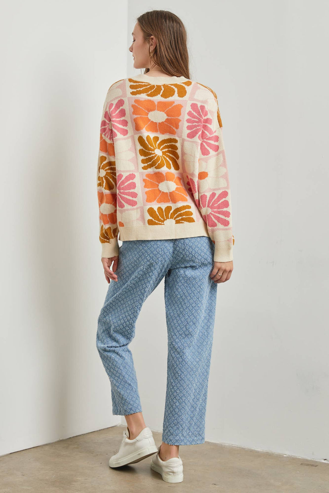 Floral Intarsia Knit Sweater with long sleeves and round neck, true to size fit, available at Onyx Native.