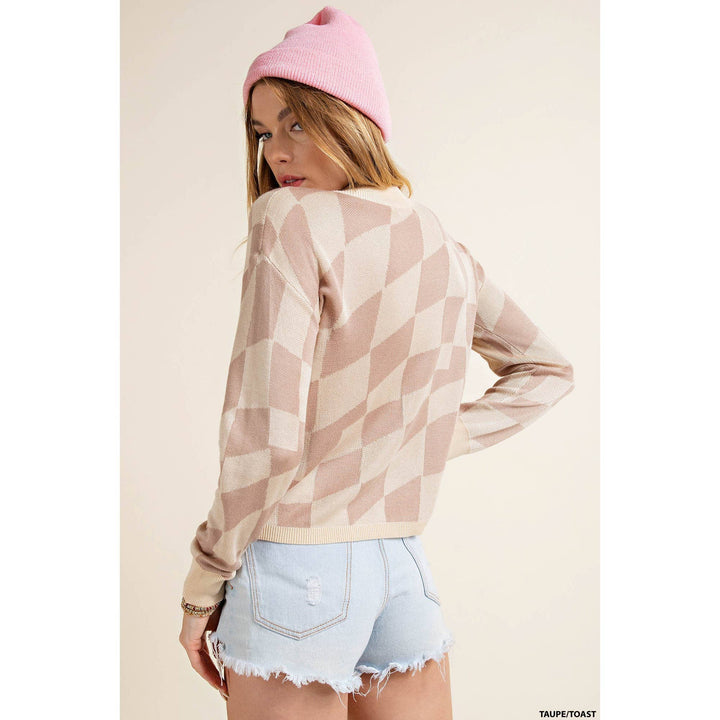 back view of Checker print lightweight mock neck knit top featuring soft thread checker knitting and long sleeves.