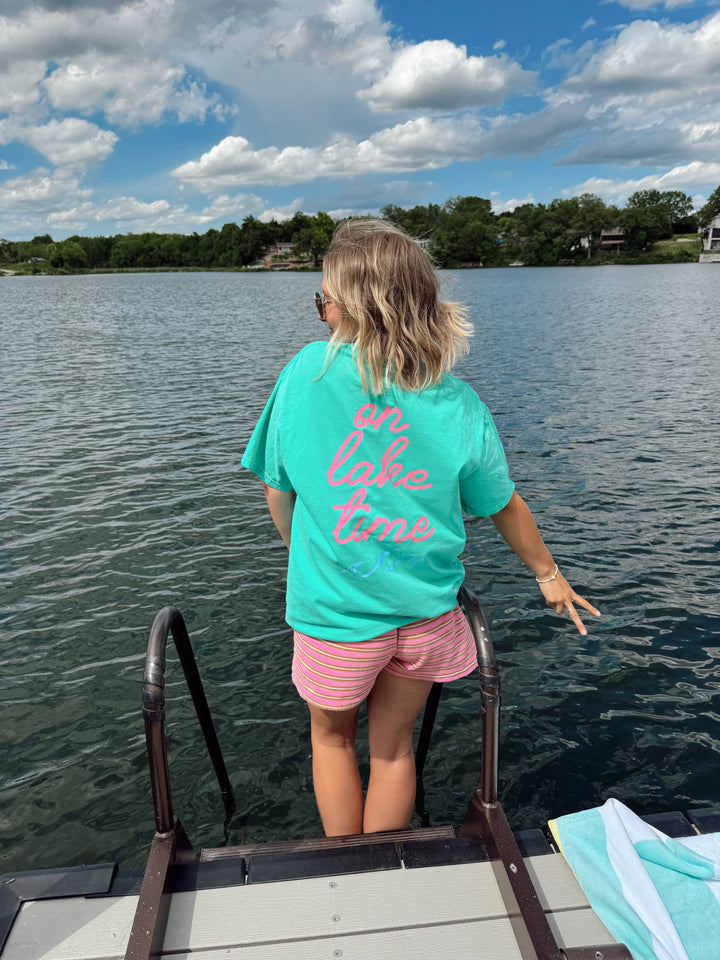 back view On Lake Time Tee — 100% cotton unisex t-shirt with front and back lake season graphics, casual relaxed fit by Onyx Native