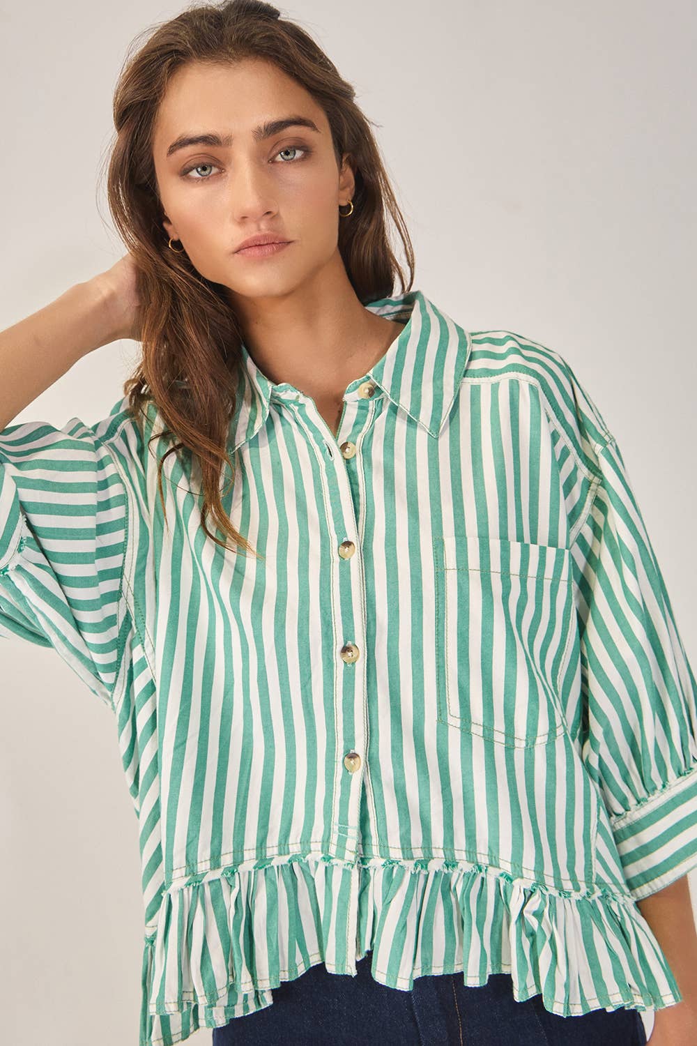 Green Springs Striped Ruffled Top — relaxed-fit button-down with playful ruffles and 3/4 cuffed sleeves by Onyx Native