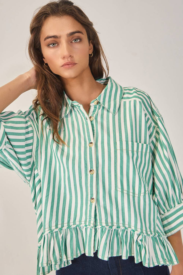 Green Springs Striped Ruffled Top — relaxed-fit button-down with playful ruffles and 3/4 cuffed sleeves by Onyx Native