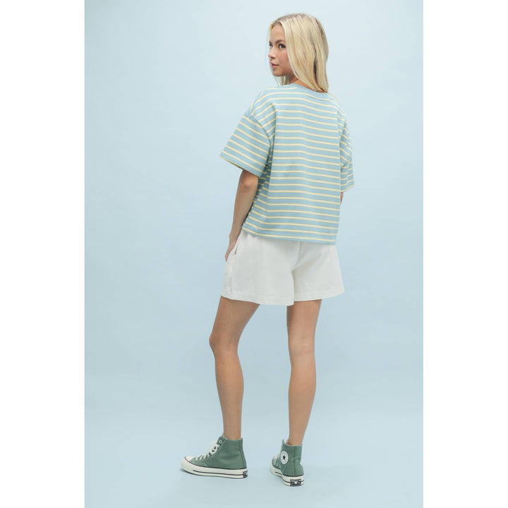 back view Striped Drop Shoulder Knit Top — relaxed fit, round neck, short sleeve casual summer essential, comfy cotton blend by Onyx Native