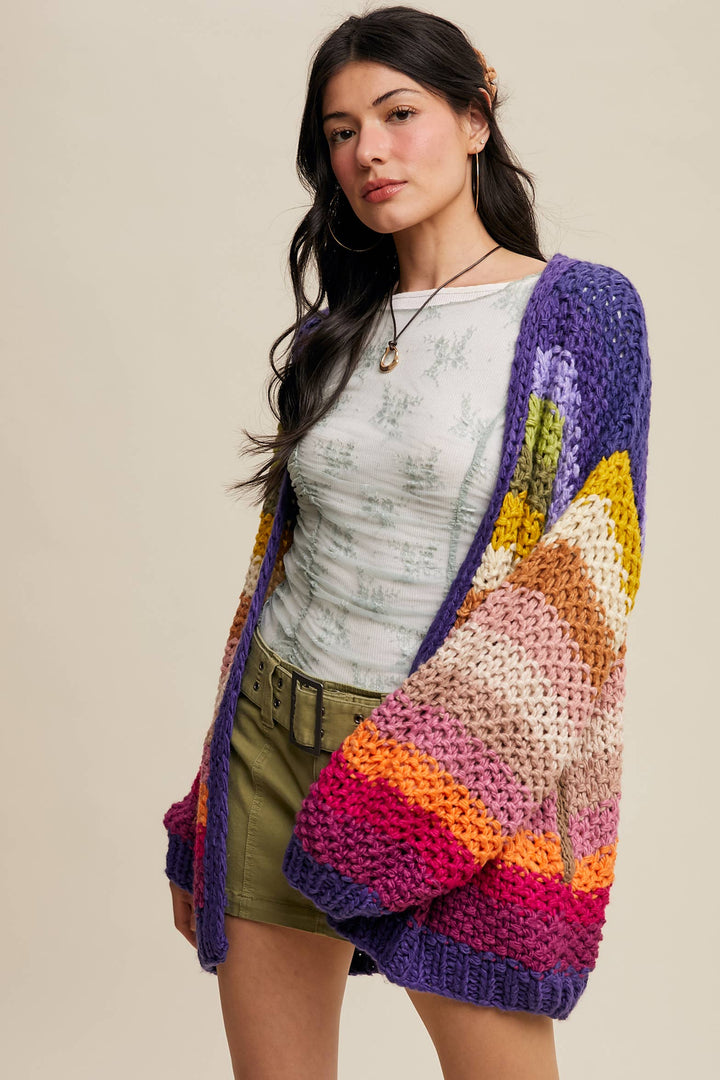 Rainbow Hand-Crochet Open Cardigan