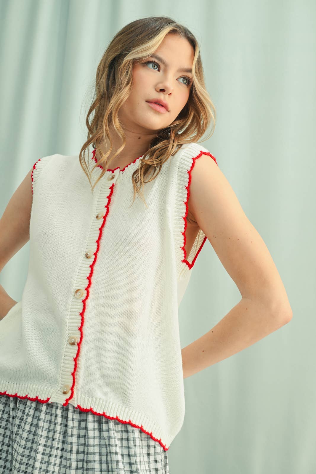 front view Scalloped Button-Up Sweater Vest — sleeveless, lightweight layering piece with functional buttons by Onyx Native