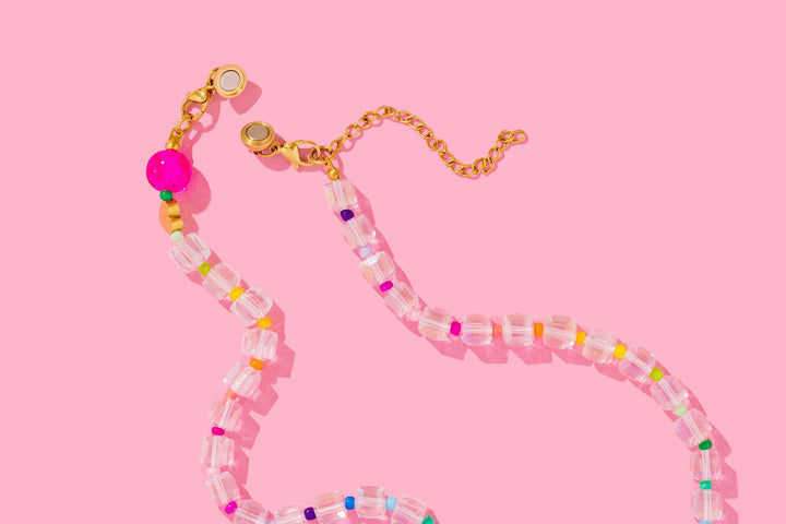 magnetic clasp Blue + Multi-Colored Beaded Necklace — glass and seed beads with magnetic clasp and gold-plated extender, layering-ready by Onyx Native