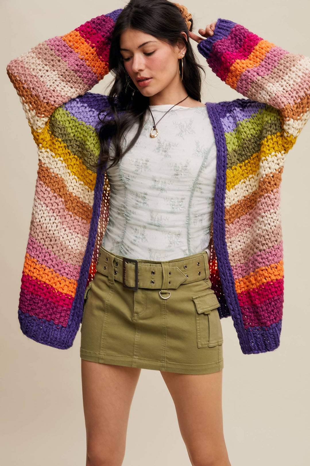 Rainbow Hand-Crochet Open Cardigan