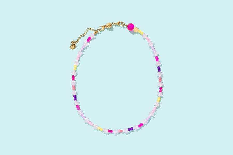 Multi-Colored Beaded Necklace with Pink Stars — magnetic clasp, gold-plated extender, perfect for layering by Onyx Native