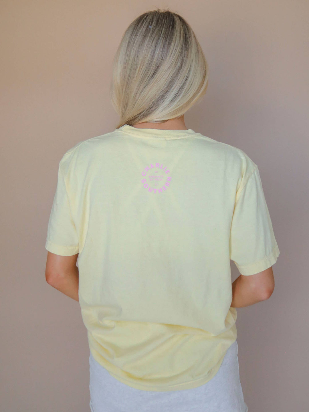 back view LAKE Oversized Tee — sunshine yellow Comfort Colors® tee with varsity pink and white lettering, perfect for lake days by Onyx Native