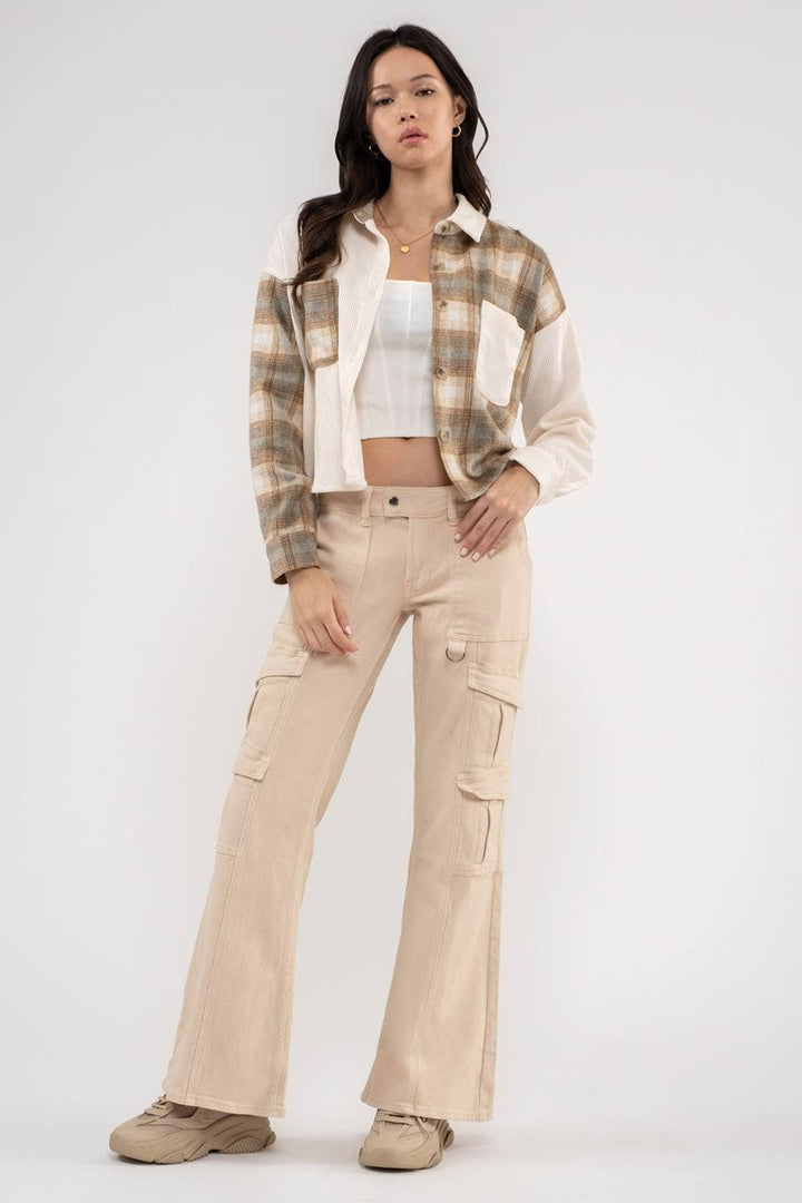 CONTRAST PLAID PATCHWORK BUTTON UP TOP: IVORY