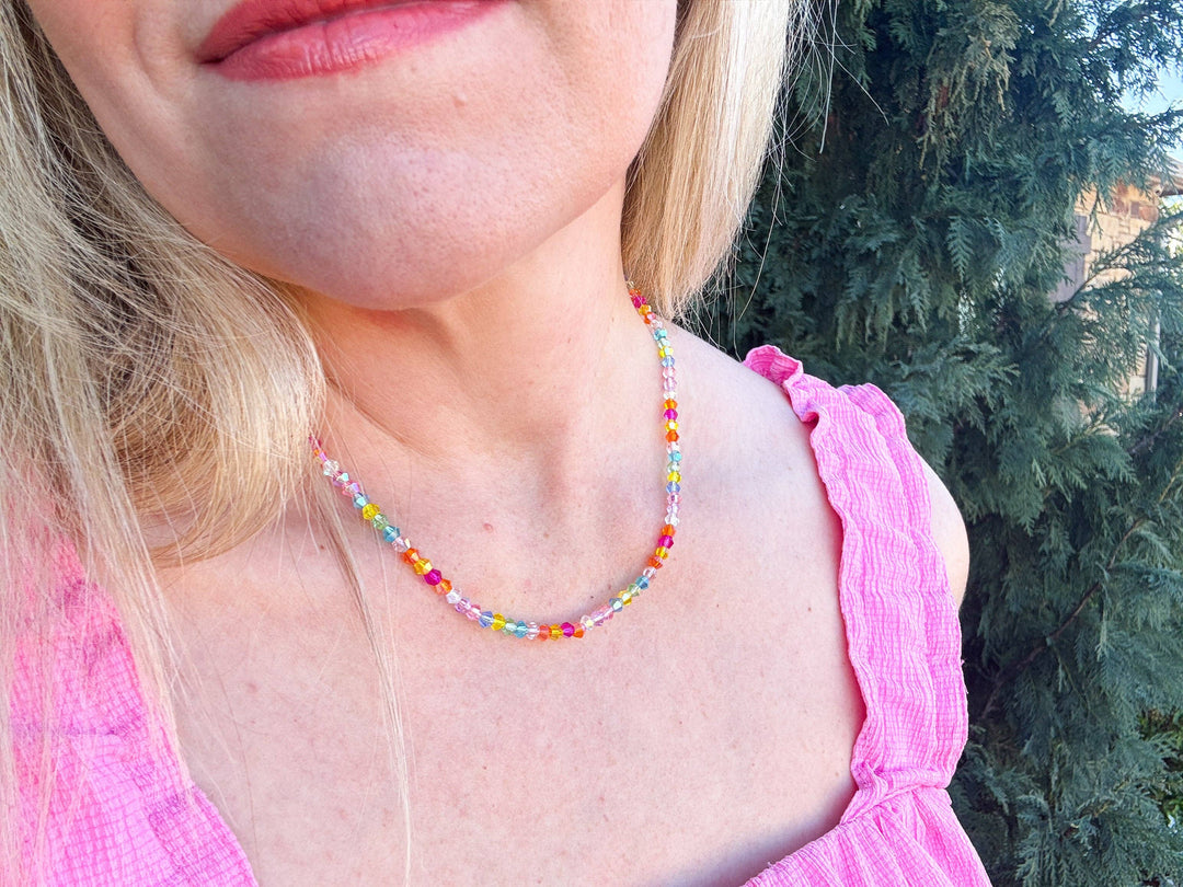 close up neckline Multi-Colored Beaded Necklace — seed beads with magnetic clasp and gold-plated extender, perfect for layering by Onyx Native