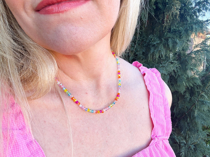 close up neckline Multi-Colored Beaded Necklace — seed beads with magnetic clasp and gold-plated extender, perfect for layering by Onyx Native