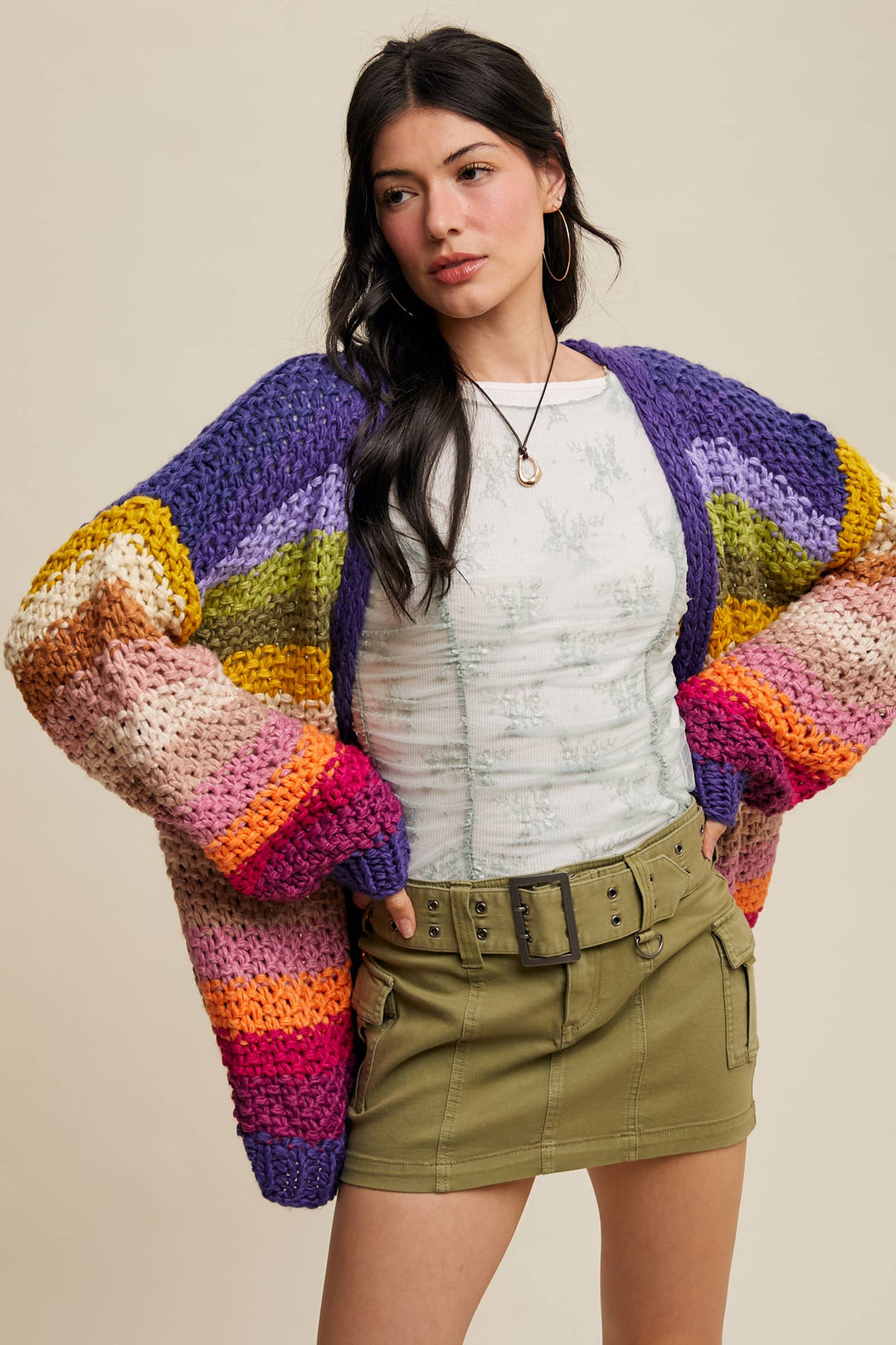 Rainbow Hand-Crochet Open Cardigan