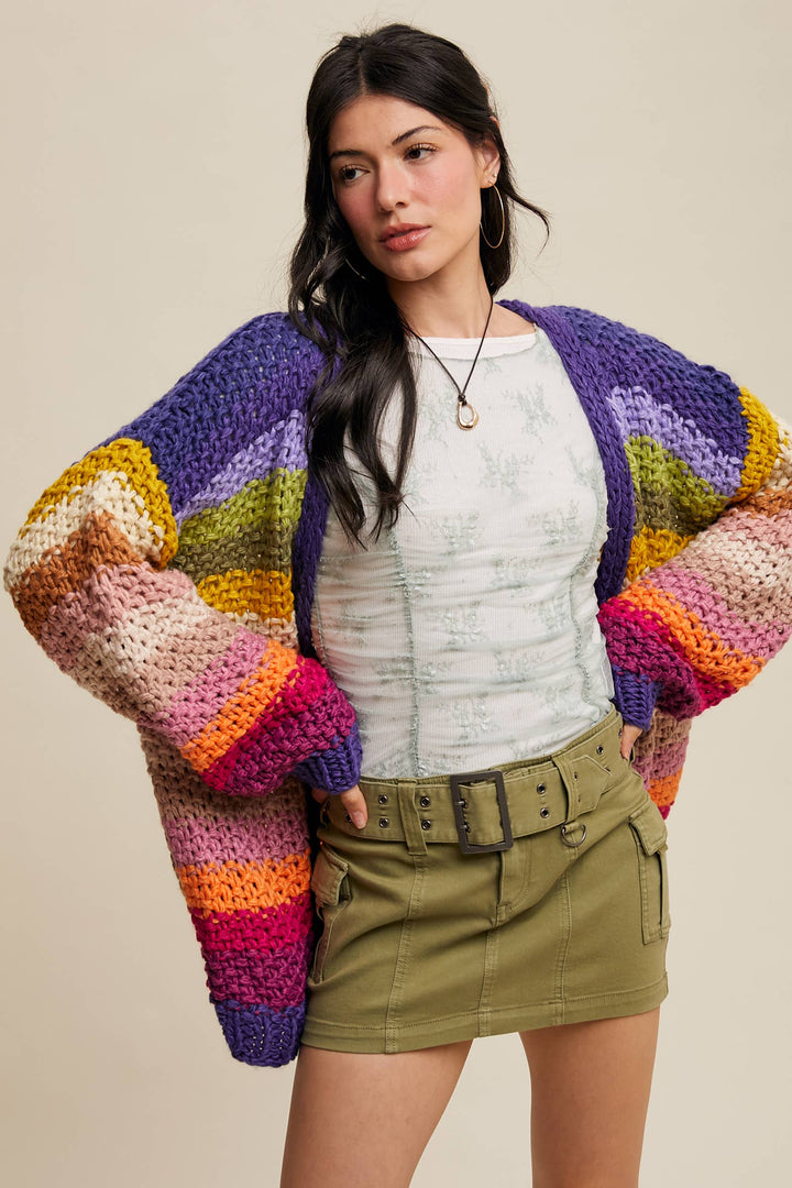 Rainbow Hand-Crochet Open Cardigan