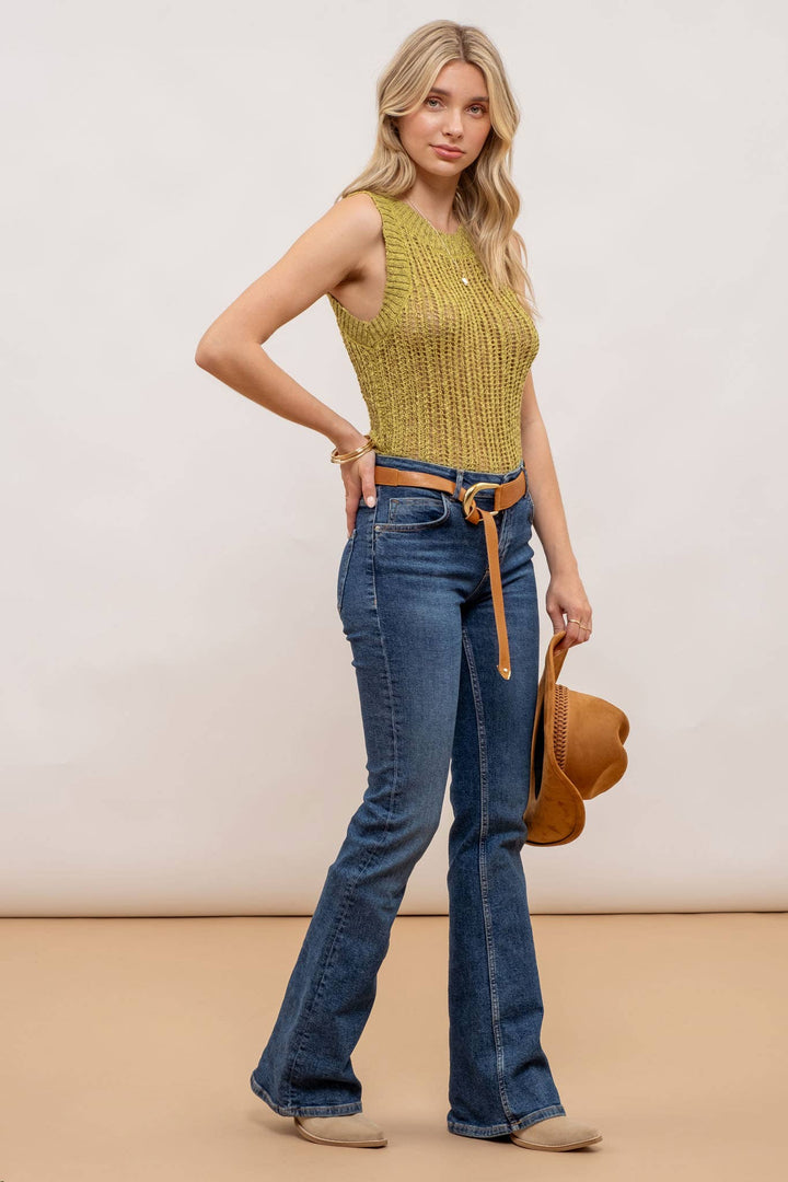 side view styled Kiwi Crochet Sweater Knit Tank Top with a round neckline and sleeveless design, made from 100% polyester.