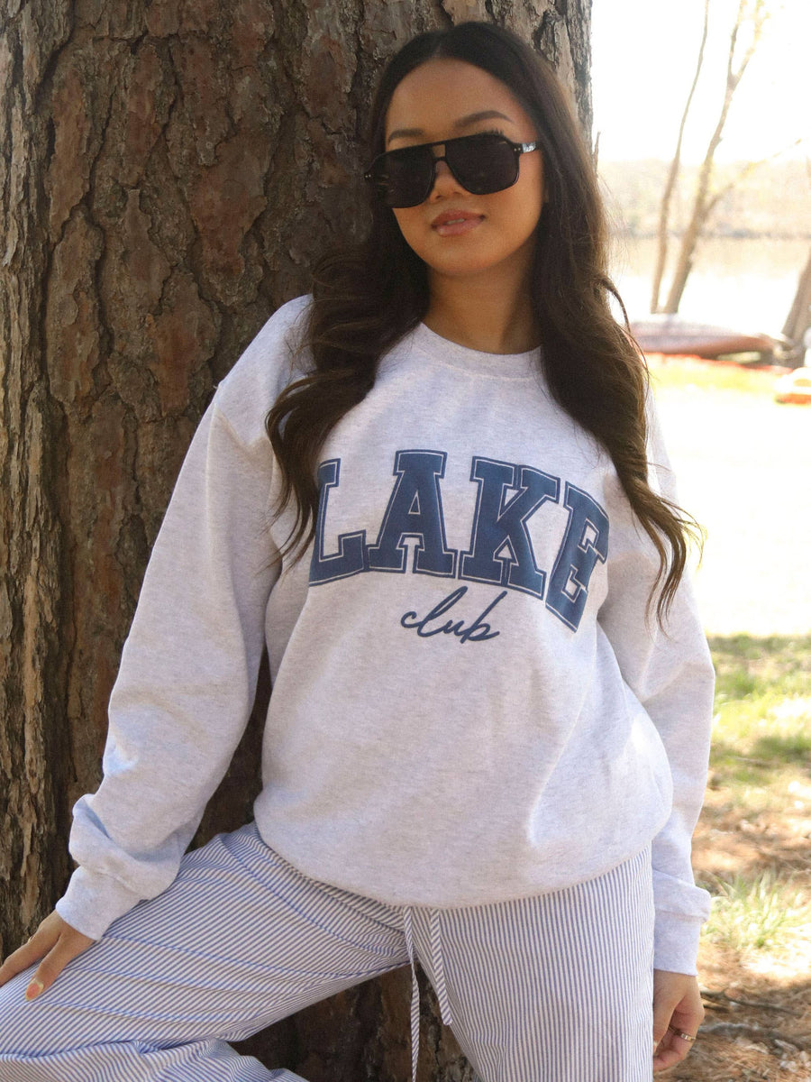 LAKE CLUB Crew — ash grey unisex sweatshirt with navy lake club graphic, classic nostalgic vibe, casual comfort by Onyx Native
