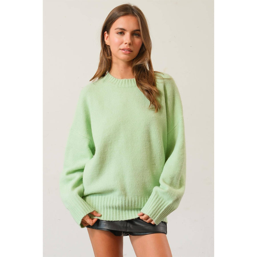 Jade Oversized Sweater Pullover with dropped shoulders and ribbed crew neckline.