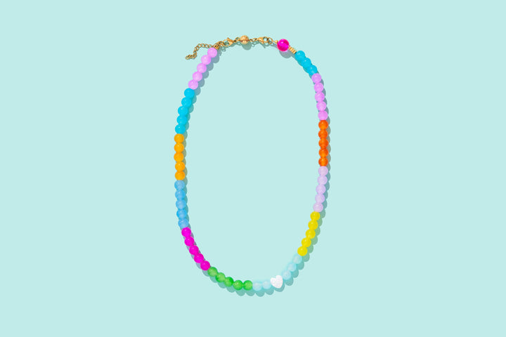 Multi-Colored Opal Beaded Necklace with Pearl Heart — magnetic clasp, gold-plated extender, layering-ready accessory by Onyx Native