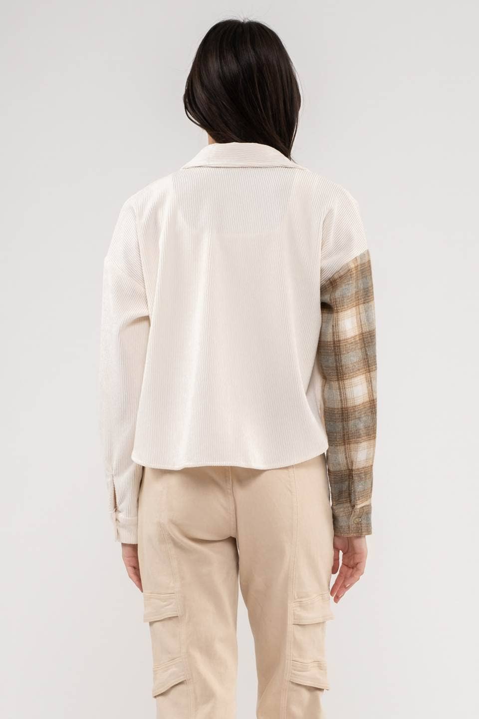 CONTRAST PLAID PATCHWORK BUTTON UP TOP: IVORY