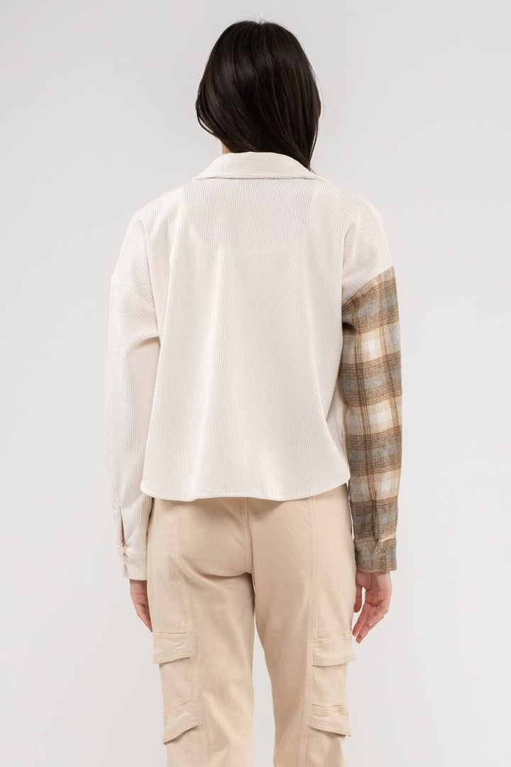 CONTRAST PLAID PATCHWORK BUTTON UP TOP: IVORY
