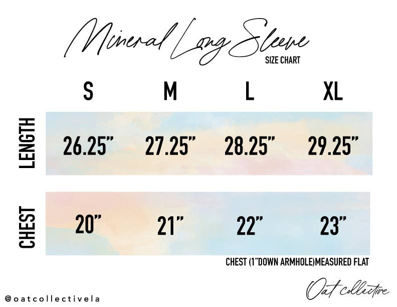 sizing chart for LAKE Mineral Washed Long Sleeve Graphic Top, 100% cotton jersey, relaxed boxy fit, cuffed sleeves, screen-printed with water-based ink, exclusive Oat Collective label.