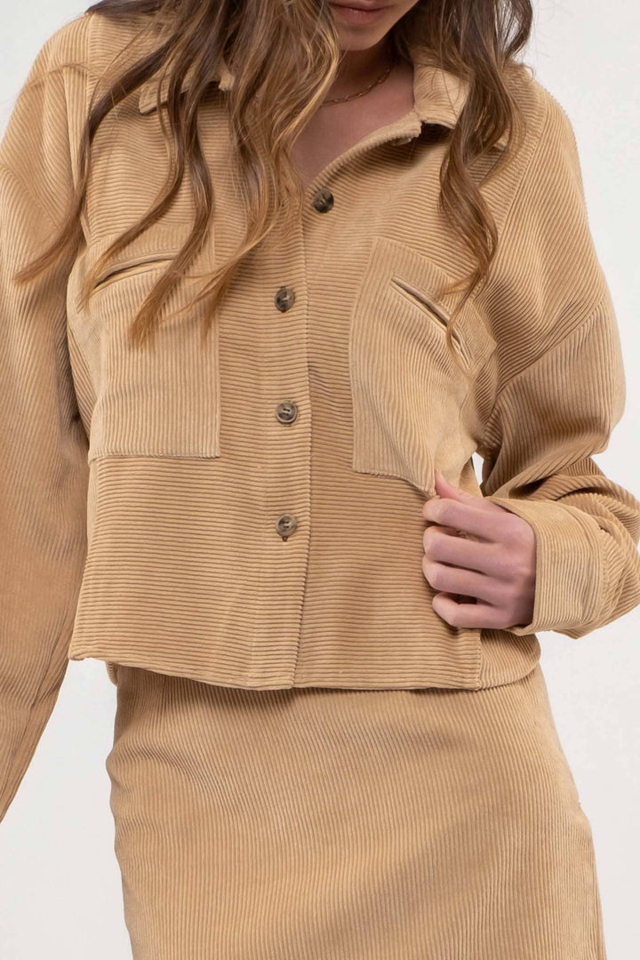 yellow color of Dusty Sage Button Up Rib Knit Jacket with Collar, Long Sleeves, Pockets, and Pocket Slits.