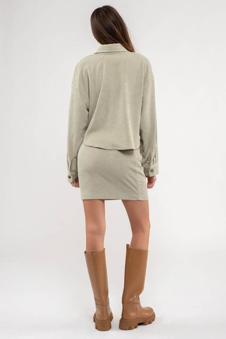 zoomed out back view of Dusty Sage Button Up Rib Knit Jacket with Collar, Long Sleeves, Pockets, and Pocket Slits.