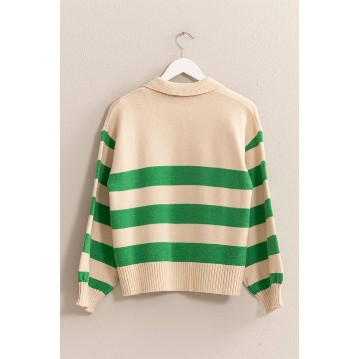 back view of green stripe That’s So 70’s Collared Stripe Sweater with bold horizontal stripes and a relaxed fit, featuring a classic collar with a single button, available at Onyx Native.
