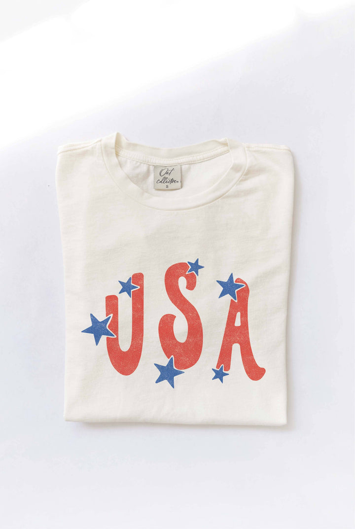 folded USA Star Tee — mineral washed, 100% cotton, relaxed unisex fit, patriotic graphic tee in cream by Onyx Native