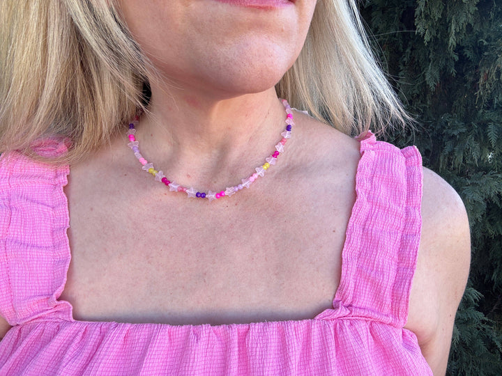 neckline Multi-Colored Beaded Necklace with Pink Stars — magnetic clasp, gold-plated extender, perfect for layering by Onyx Native