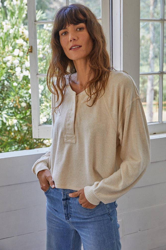 By Together Ordinary Top - Knit Brushed Hacci Half Button Down Round Neck Long Sleeve Top