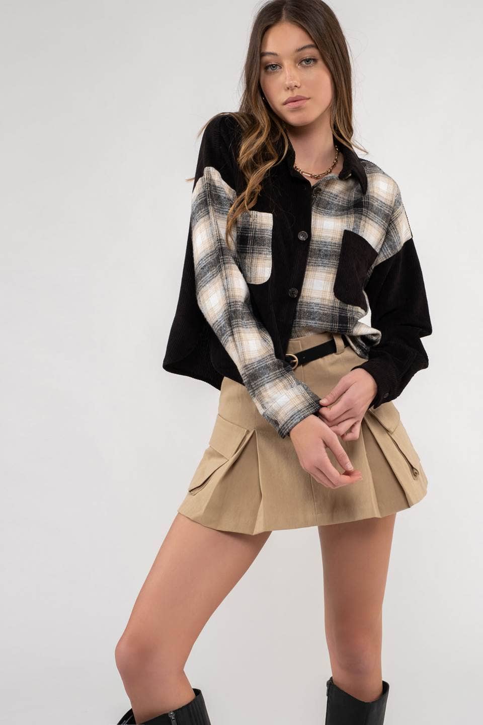 CONTRAST PLAID PATCHWORK BUTTON UP TOP
