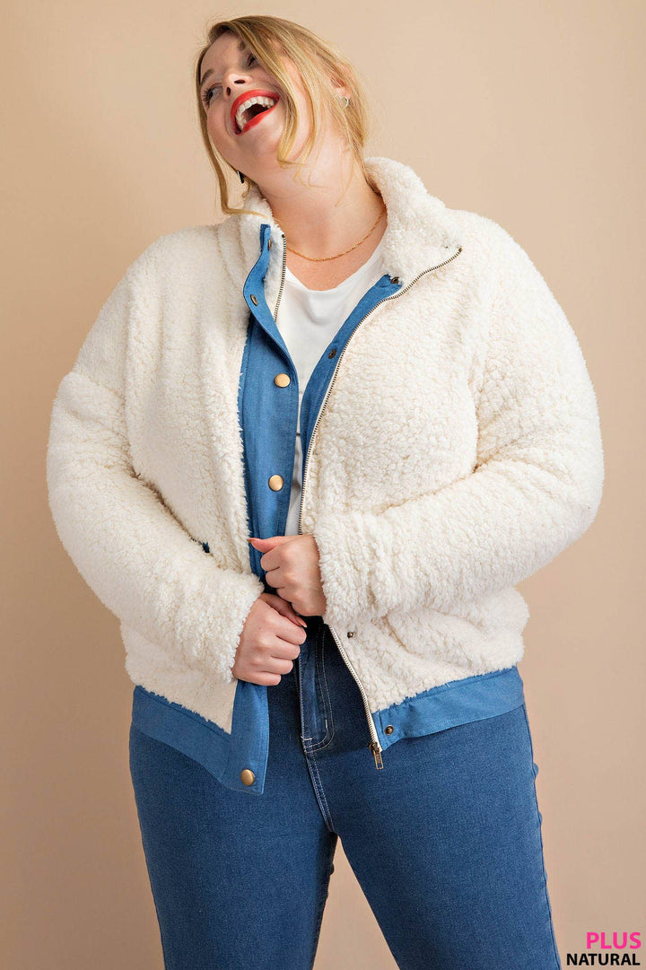 SOFT FAUX FUR CHAMBREY CONTRAST SNAP BUTTON JACKET