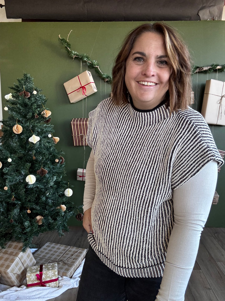 Black Two Tone Ribbed Knit Sweater Vest