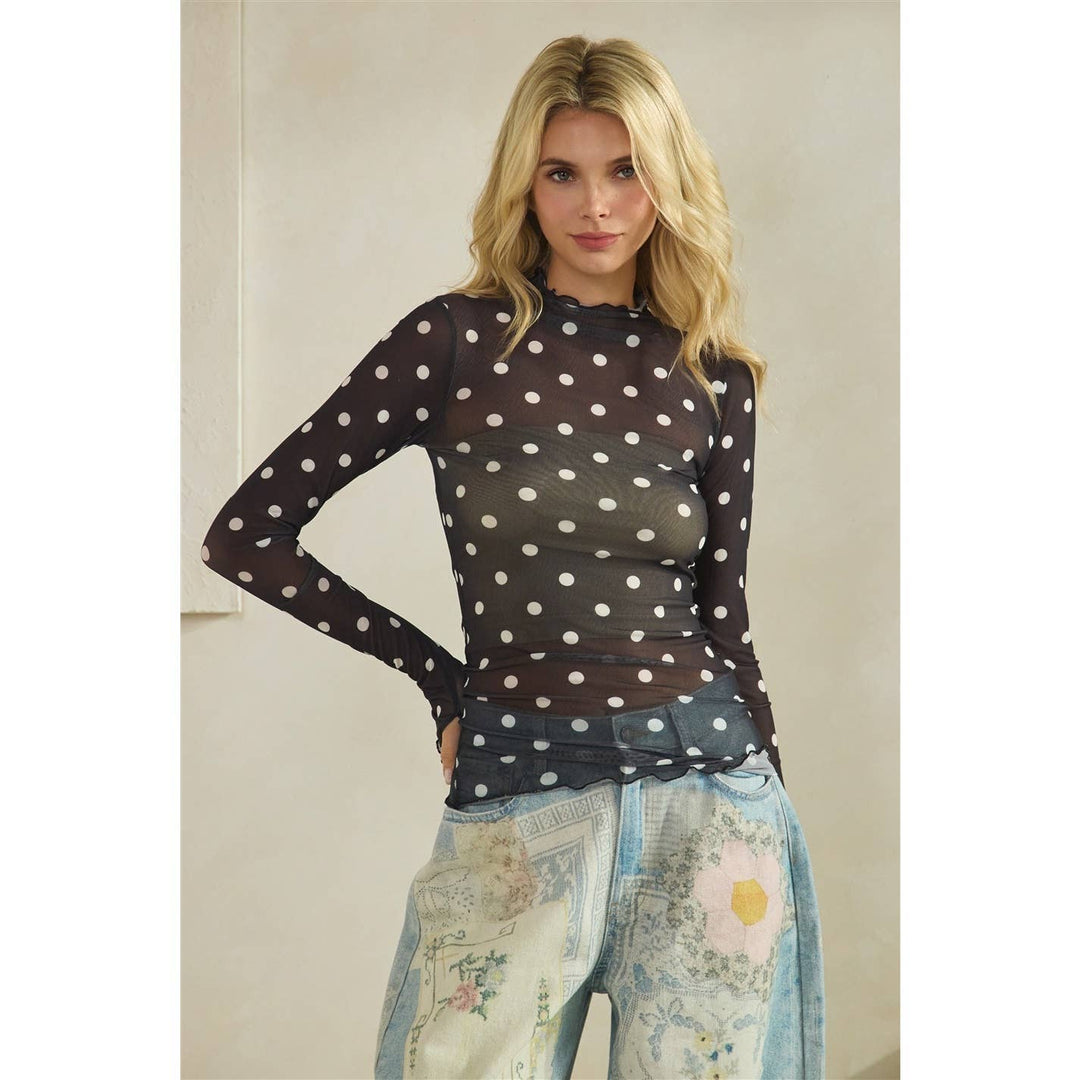 Lace Long Sleeve See Through Top: Ivory Polka Dot