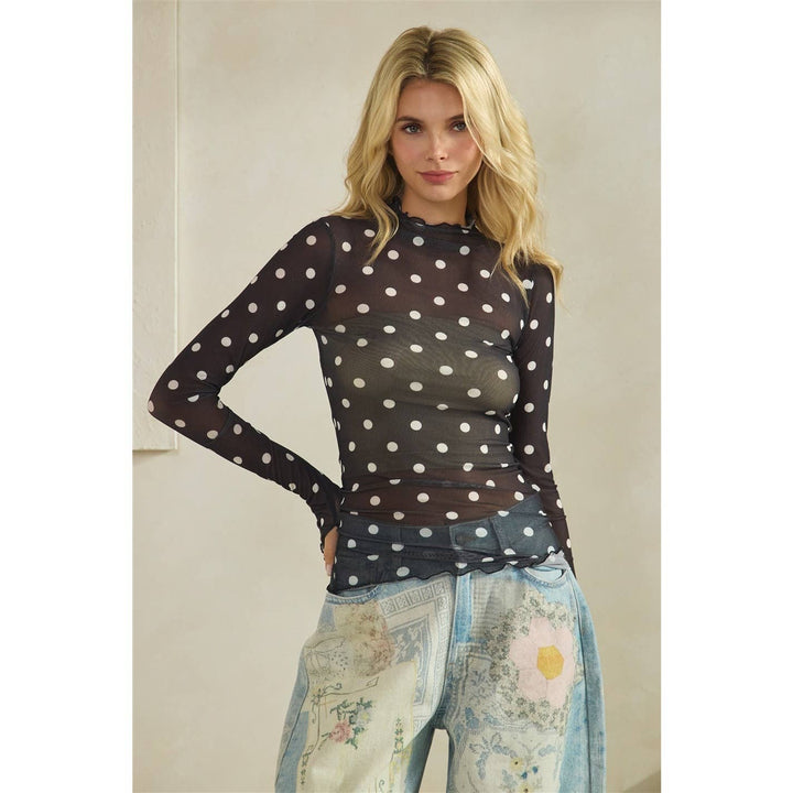 Lace Long Sleeve See Through Top: Ivory Polka Dot