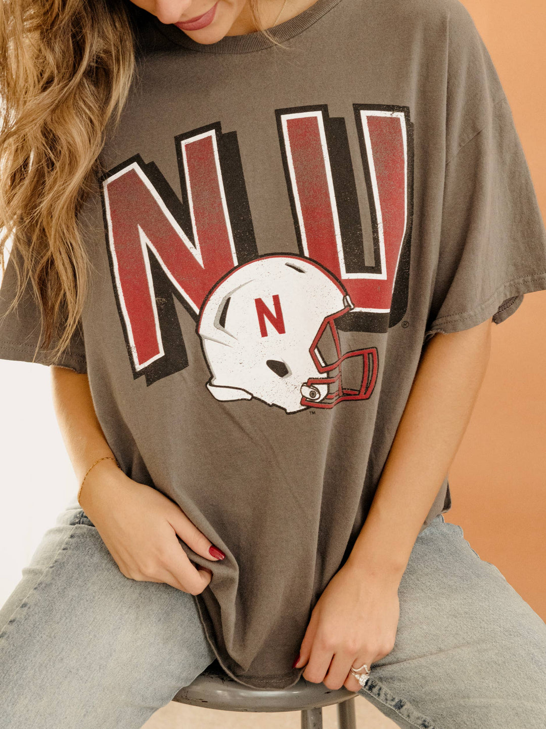 Nebraska Huskers Helmet Fade Charcoal Thrifted Tee : S
