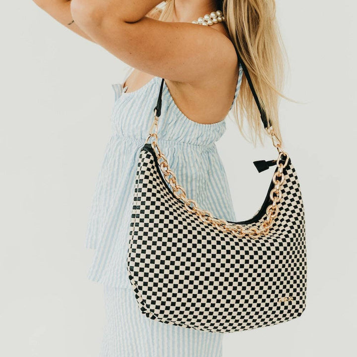 Sienna Slouchy Woven Shoulder Bag - Black Checkered