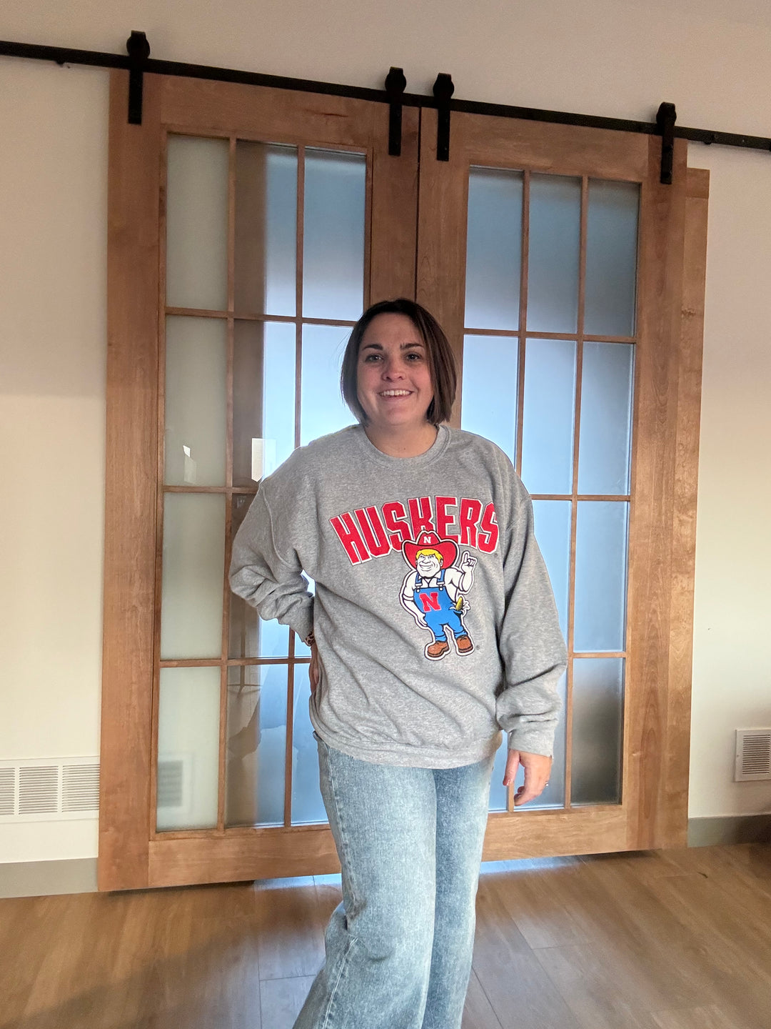 Nebraska Huskers Cartoon Mascot Gray Thrifted Sweatshirt