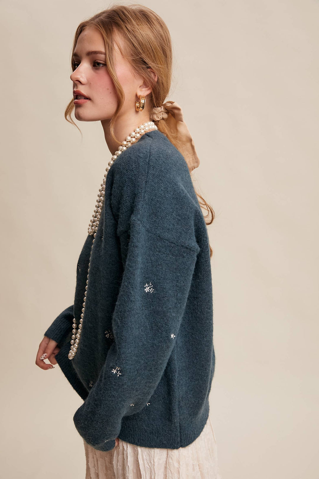 Embroidered Dot Knit Sweater Emerlad