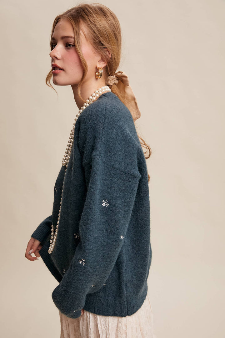 Embroidered Dot Knit Sweater Emerlad