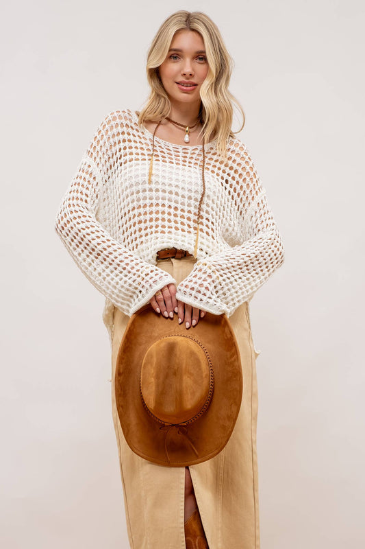 Oversized Sheer Crochet Pullover with a boat neck, long sleeves, and drop shoulders. Made from 65% acrylic and 35% nylon, featuring a sheer design and relaxed fit.
