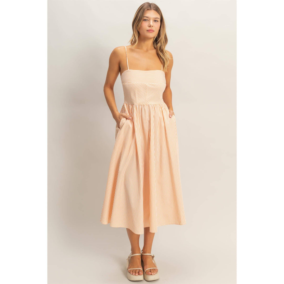 Striped Spaghetti Strap Dress: Sage Green & Orange