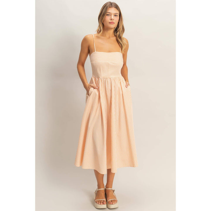 Striped Spaghetti Strap Dress: Sage Green & Orange
