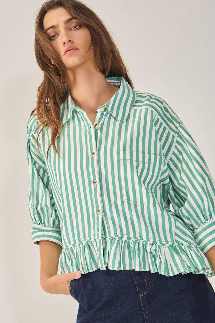 Green Springs Ruffled Detail Striped Top
