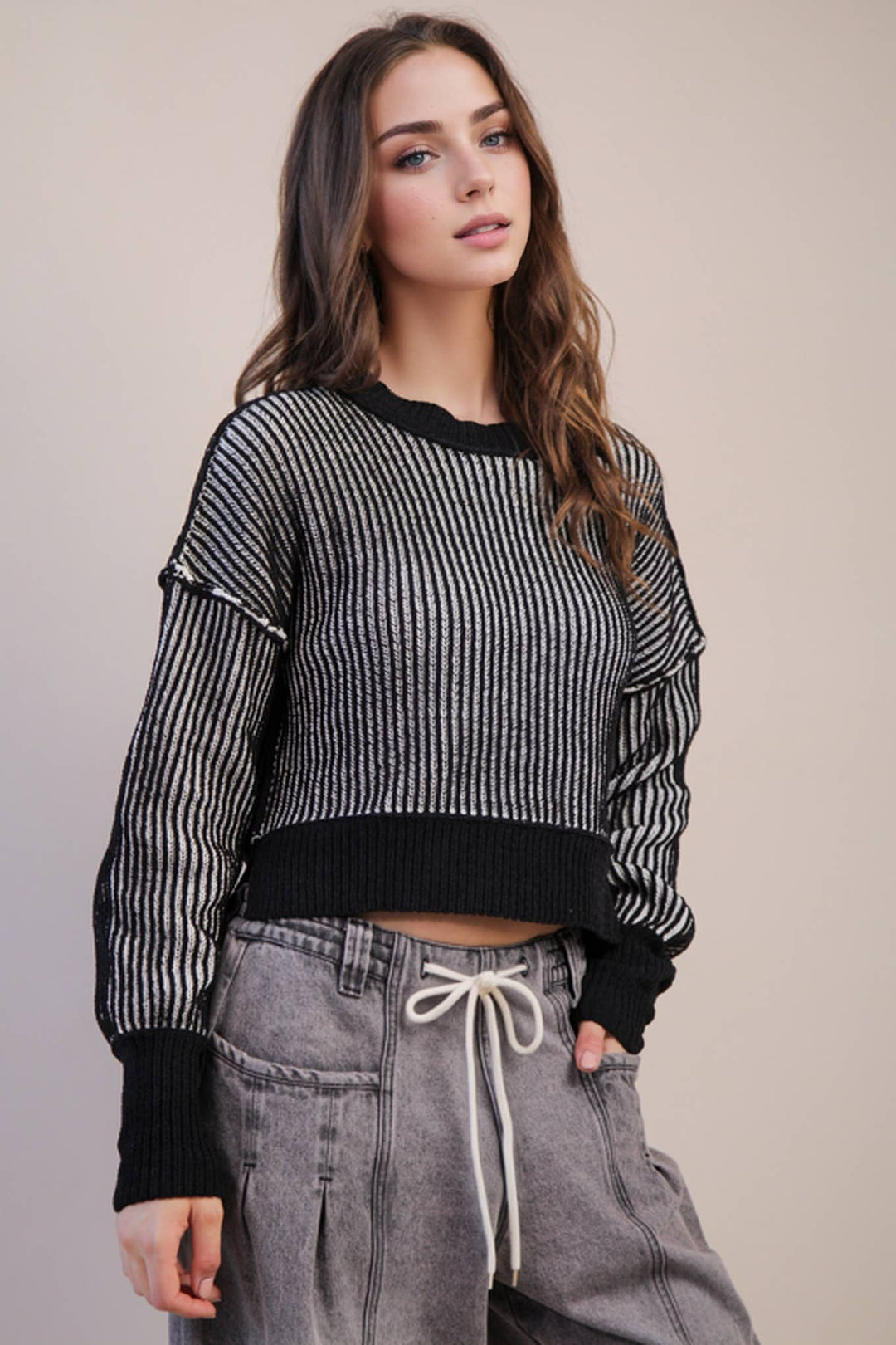 Two Tone Striped Casual Stripe Sweater Top-black