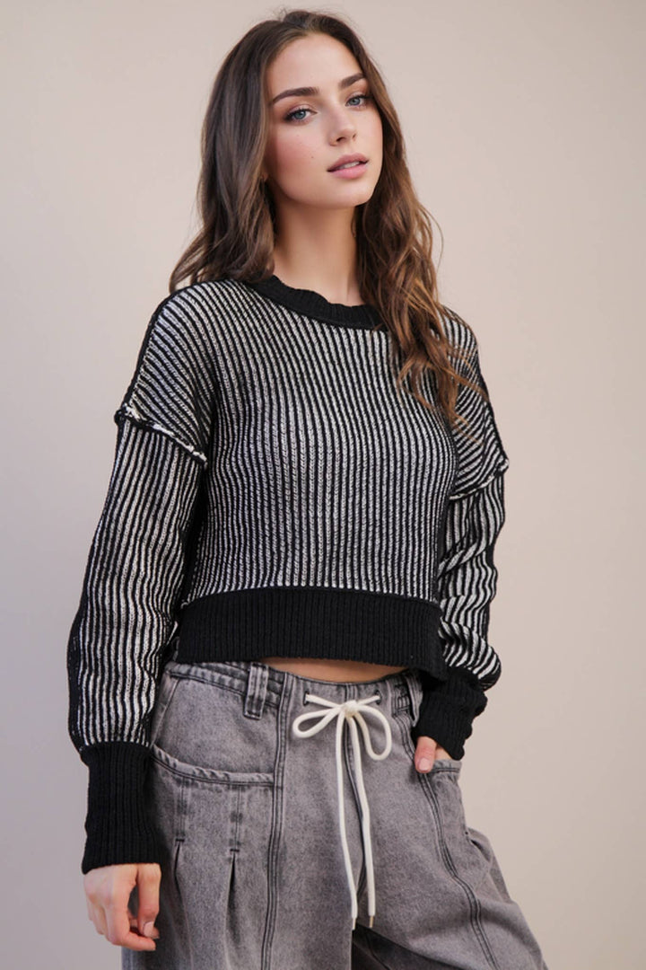 Two Tone Striped Casual Stripe Sweater Top-black