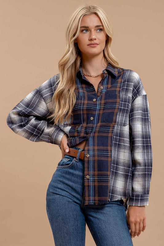 PLAID PATCHWORK BUTTON DOWN LONG SLEEVE SHIRT: NAVY MULTI