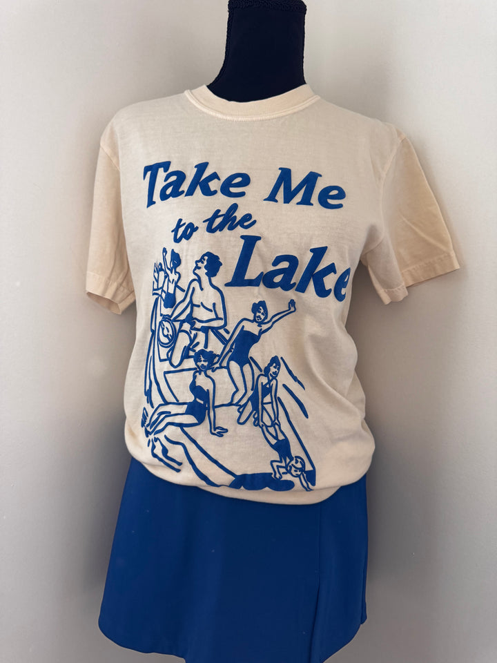 Take Me to the Lake Tee — cream Comfort Colors® tee with vintage blue lake graphic, Jo Johnson Overby collaboration by Onyx Native

